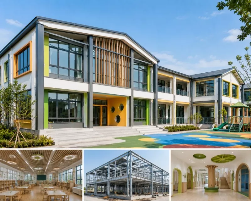 Qual é o conceito de construção moderna da construção do jardim de infância com estrutura de aço leve?