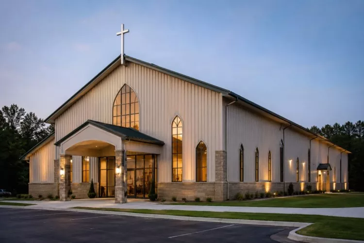 Como criar um espaço de adoração sem colunas em um edifício de construção de igreja com estrutura de portal?