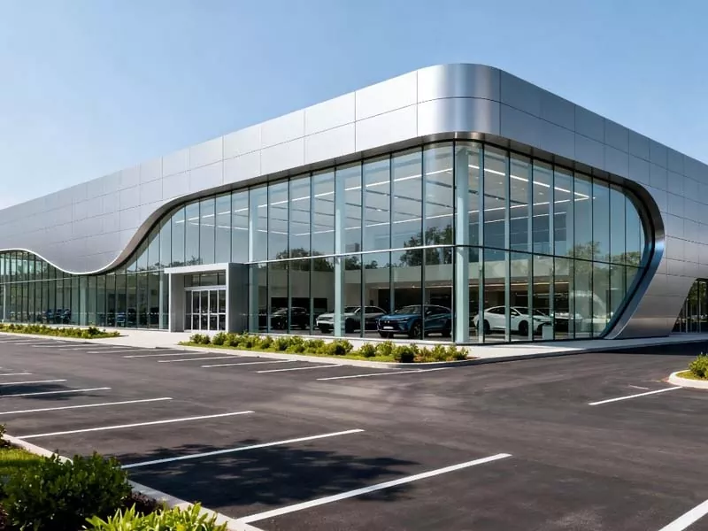 Salão de automóveis com estrutura metálica pré-fabricada