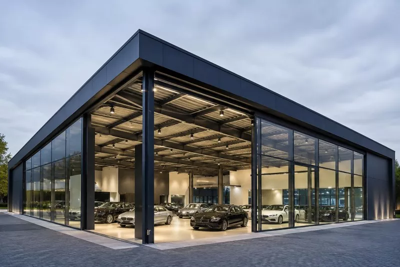Construção de showroom de automóveis com estrutura de aço
