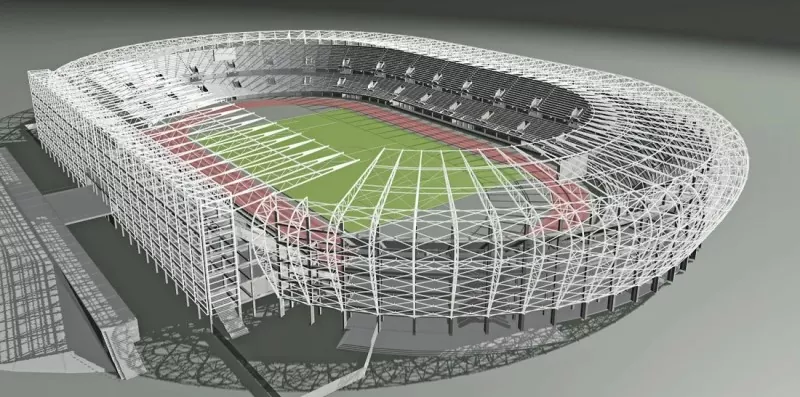 Estádio ao ar livre com estrutura de aço